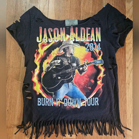 Jason Aldean Upcycled Burn it Down Hand Cut Black Concert T-Shirt Women's Large - Picture 1 of 11